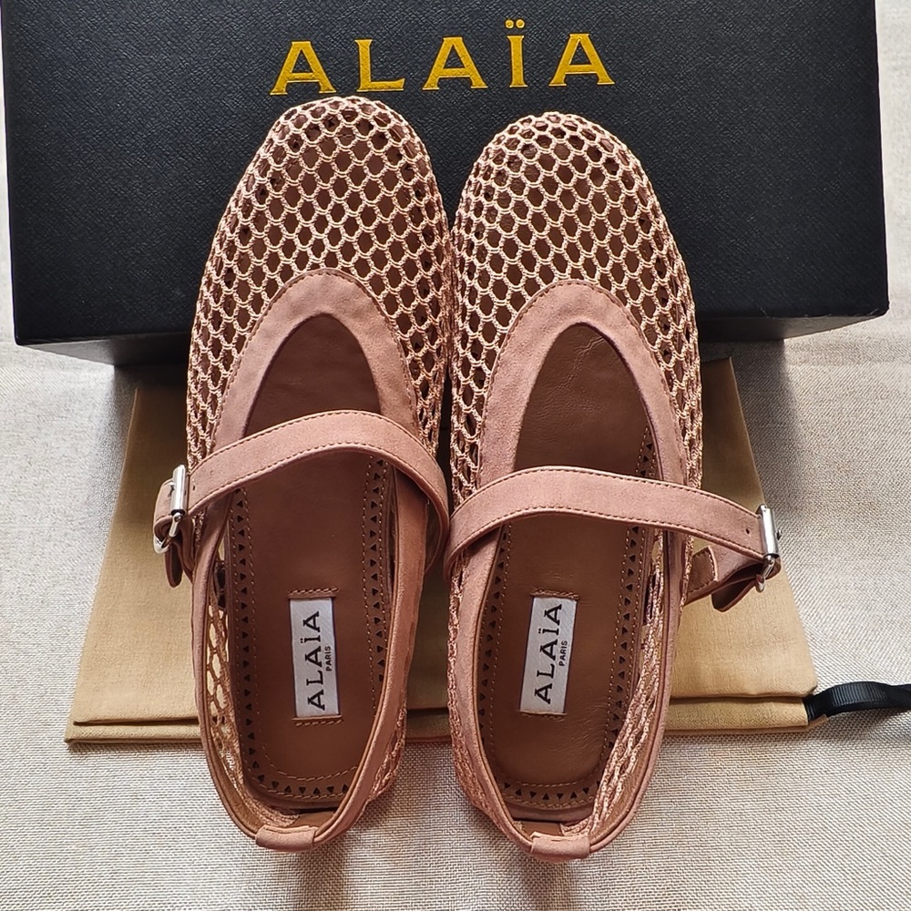 Alaia Dusty Pink Mesh Mary Jane Flats with Buckle Strap